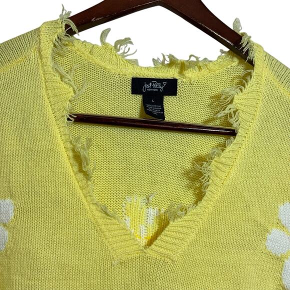 Just Polly Women's Size L Daisy-Print Destructed Sweater Yellow Oversized Floral - Picture 3 of 7